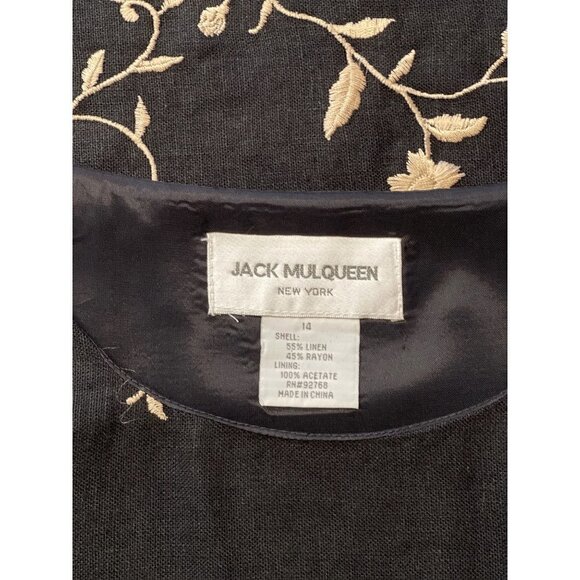 Vintage JACK MULQUEEN NY Women's Size 14 Black Linen Sheath Dress Tan Embroidery - Picture 4 of 8